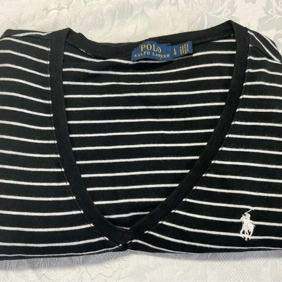 Ralph Lauren Black White Striped Long Sleeve Knit Top Women 100%Cotton Size L - Picture 3 of 7